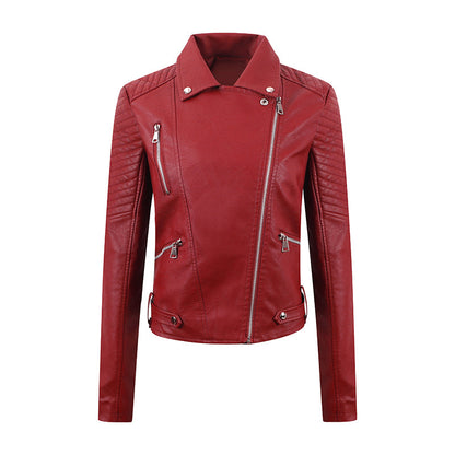 PU Women's Short Leather Oblique Pull Slim Motorcycle Clothing Washed Leather Jacket
