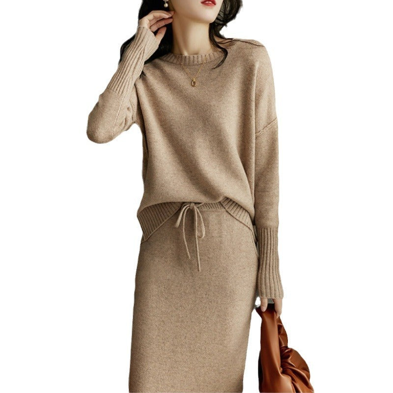 Knitted Loose Slimming Top With Skirt Two-piece Set For Women