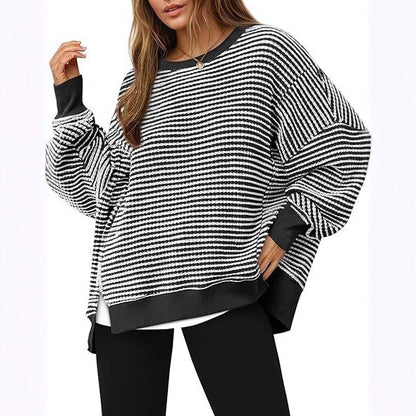 Waffle Knitted Long Sleeve Crew Neck Split Pullover Sweater