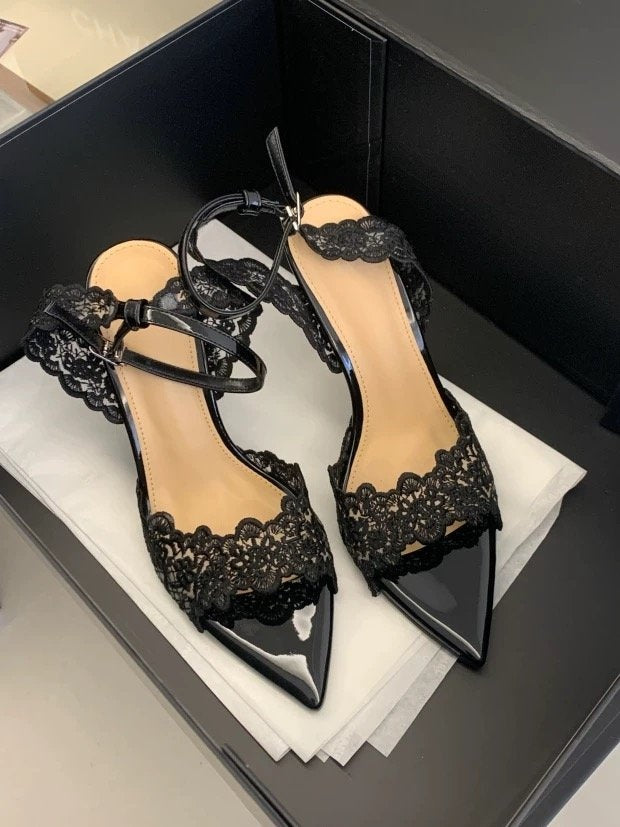 Summer New French Niche Design Women Sandals, Pointed Toe Lace Stiletto High Heel Open Toe Outdoor Shoes
