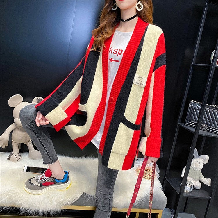 Striped Color Stitching Knitted Cardigan Sweater Coat For Women