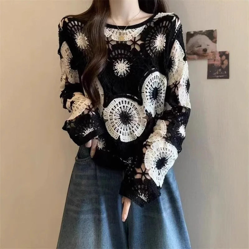 Hollow Crocheted Round Neck Long Sleeve Knitted Sweater