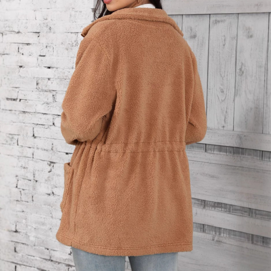 Loose Pockets Zipper And Lapel Long Sleeve Cardigan Plush Coat