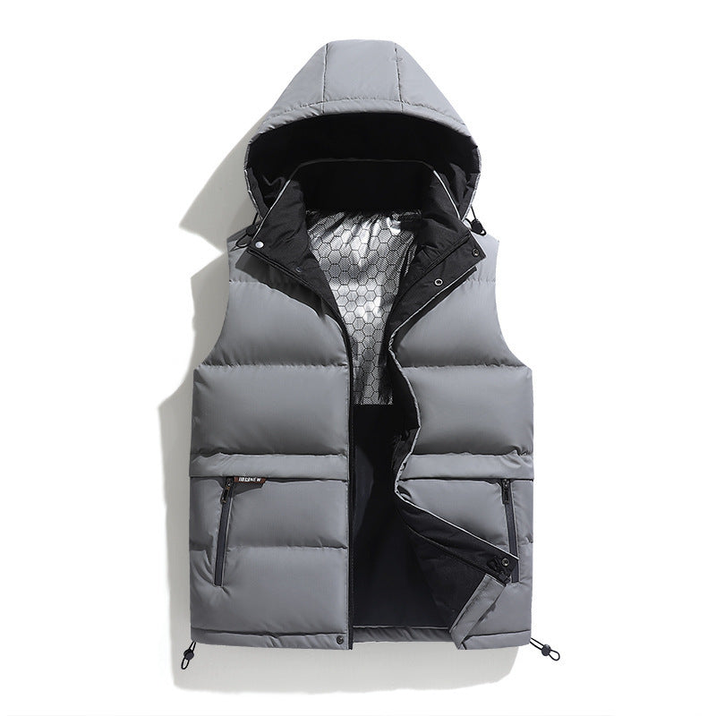 Men's FallWinter Warm Vest Hooded Loose Solid Color