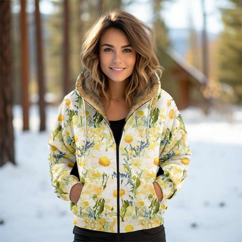 Digital Printing Autumn And Winter Women's Hooded Zipped Cotton-padded Jacket Coat