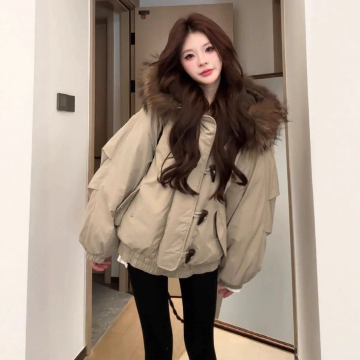 Retro Big Fur Collar Hooded Cotton Jacket Women's Coat