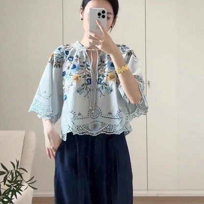 Embroidered Floral Hollow Out Tied Loose Round Neck Puff Sleeve Top
