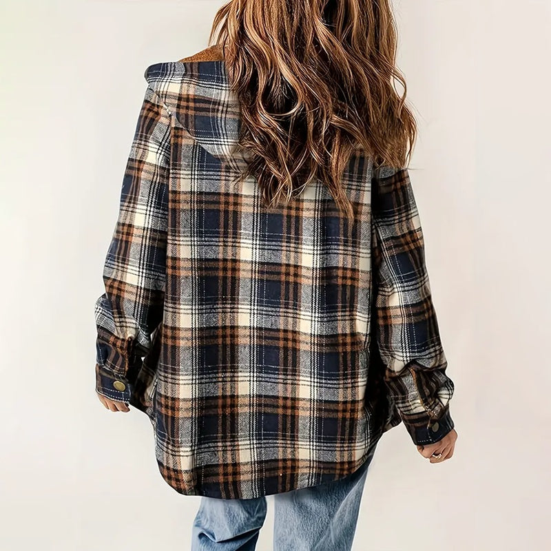 Women's Plaid Button-Up Long Sleeve Jacket Fall Winter  Flap Button Pocket Design Casual Hooded Fleece-Lined Warm Coat