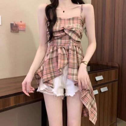 Dopamine Contrast Color Plaid Irregular Spaghetti-strap Vest