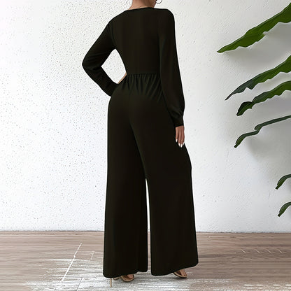 Women's Elegant Jumpsuit With Cross V-Neck & Long Sleeve Solid Color Belted Wide Leg Pantsuit For Office And Formal