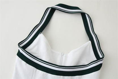Women's Patchwork Stripe Rib Hanging Collar Backless Top
