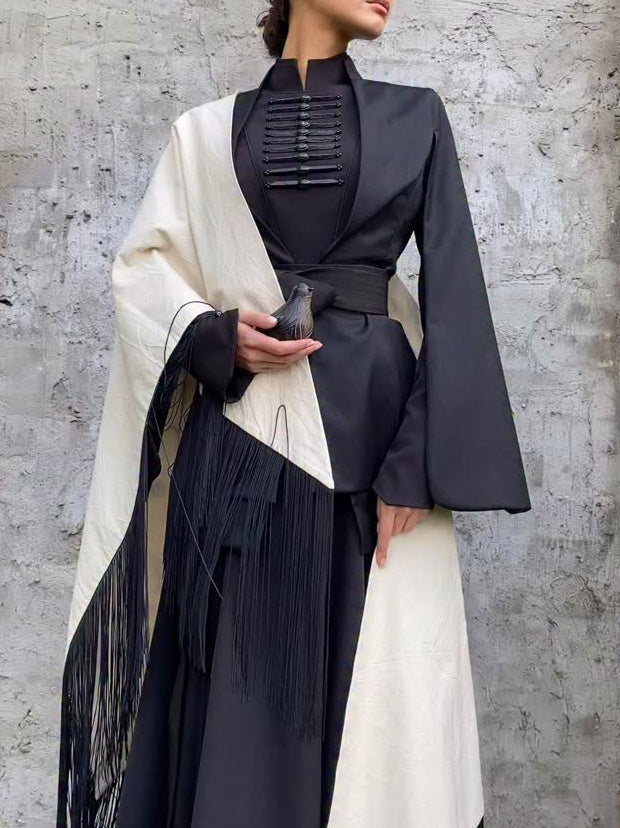 Vintage Button Long Sleeve Dress With Tassel Scarf -Including Belt