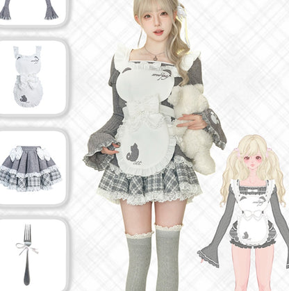 Gray Knitted Top Kitten Embroidered Apron Gray Knitted Cake Dress