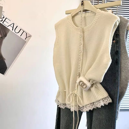 Lace Edge Stitching Soft Glutinous Lace-up Waist-tight Short Temperament Vest