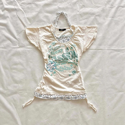 Retro Patchwork Printed T-shirt Short Sleeve Slimming False Two-piece Tied Top