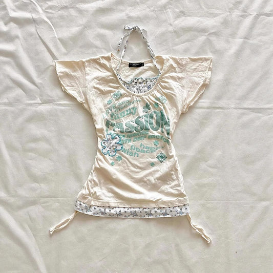 Retro Patchwork Printed T-shirt Short Sleeve Slimming False Two-piece Tied Top