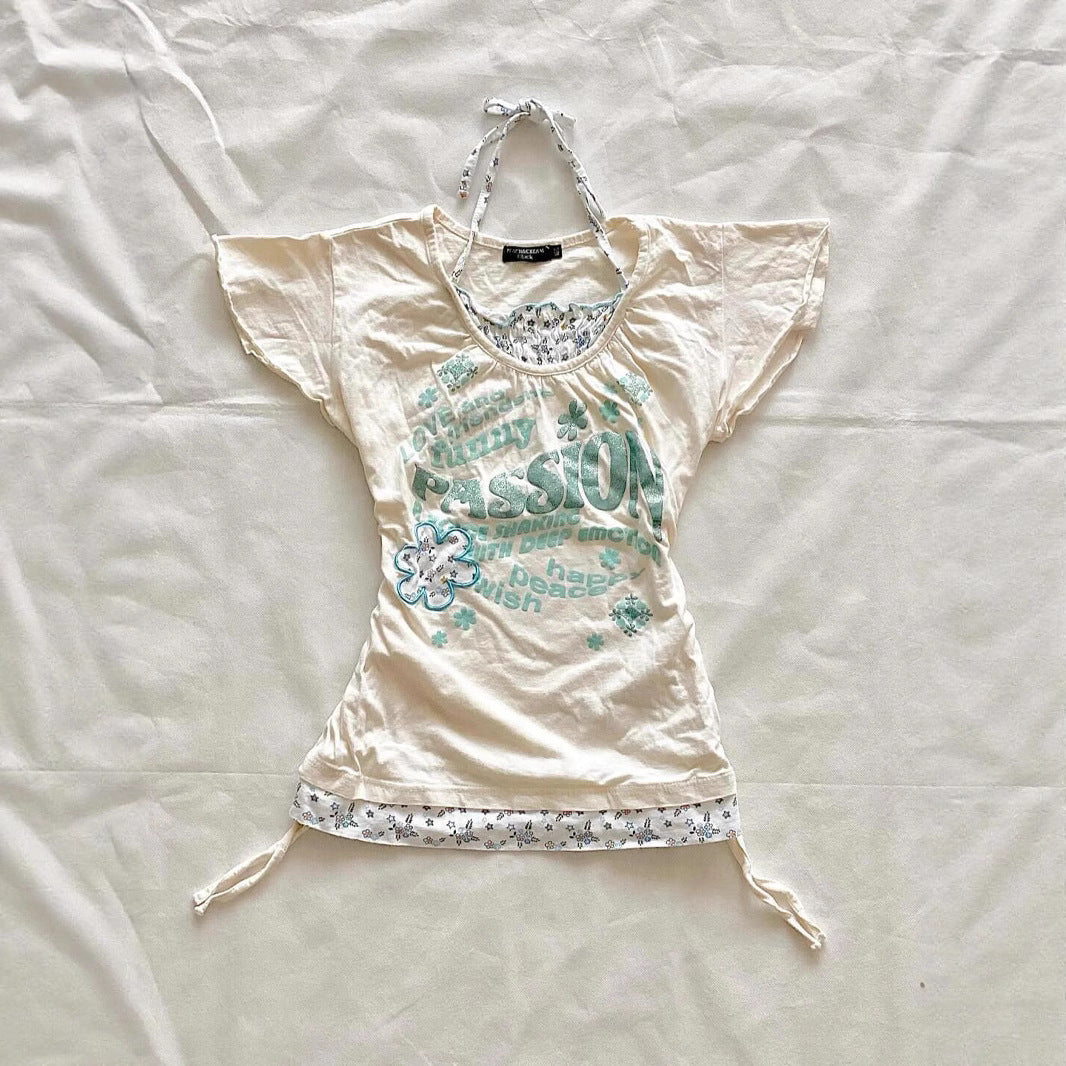 Retro Patchwork Printed T-shirt Short Sleeve Slimming False Two-piece Tied Top