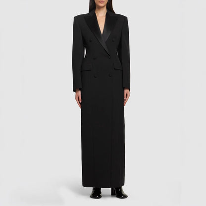 Satin Inlaid Color Collar Double Breasted Black Suit Fashion Trench Coat