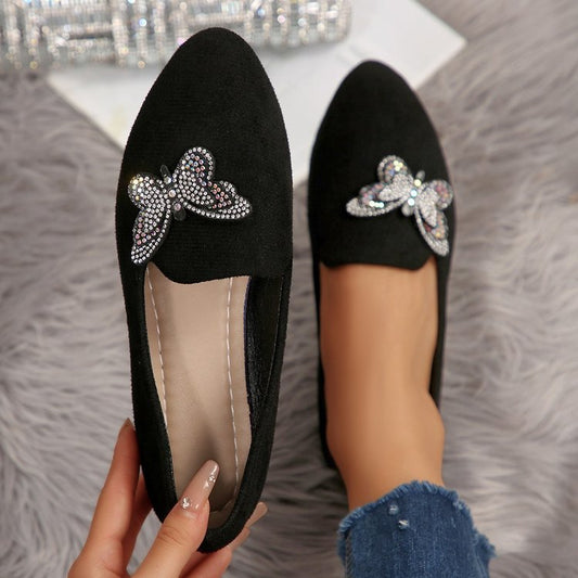 Arrival Black Flat-Heeled Butterfly Shoes Womens Suede Pointed-toe Slip-on Loafers Comfortable Shallow-mouth Pumps