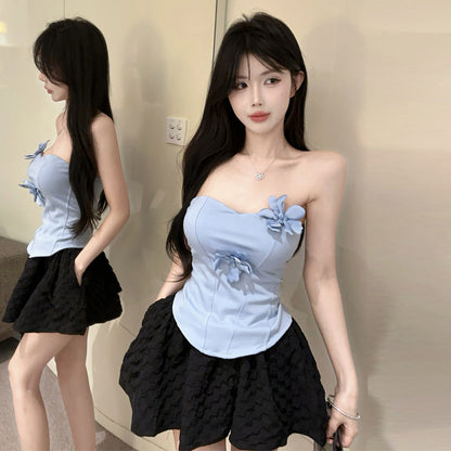 Tube Top High Waist A- Line Skirt Suit