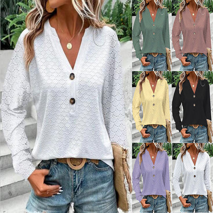 Women's Fashion Casual Solid Color Buttons V-neck Long Sleeve