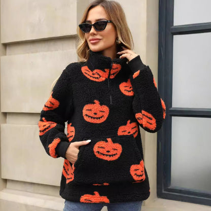 Autumn And Winter New European And American Halloween Pumpkin Print Half Zipper Plush Pullover Sweater