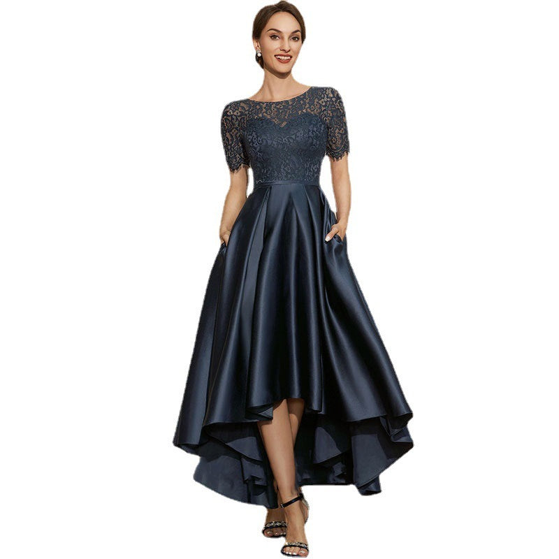Navy Blue Satin Ball Lace Short Sleeve Dress