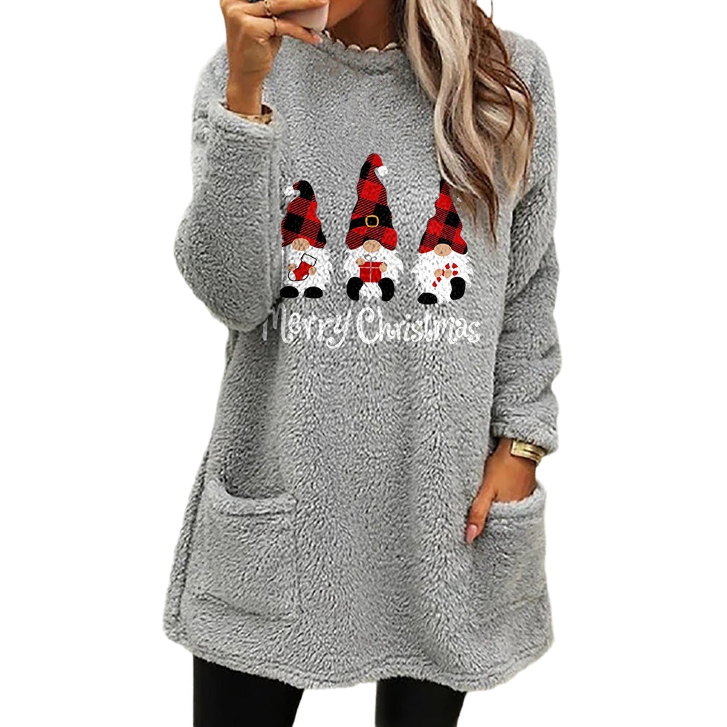 Christmas Letter Printing Round Neck Loose Long Sleeves Pocket Fleece Sweatshirt