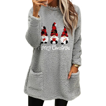 Christmas Letter Printing Round Neck Loose Long Sleeves Pocket Fleece Sweatshirt