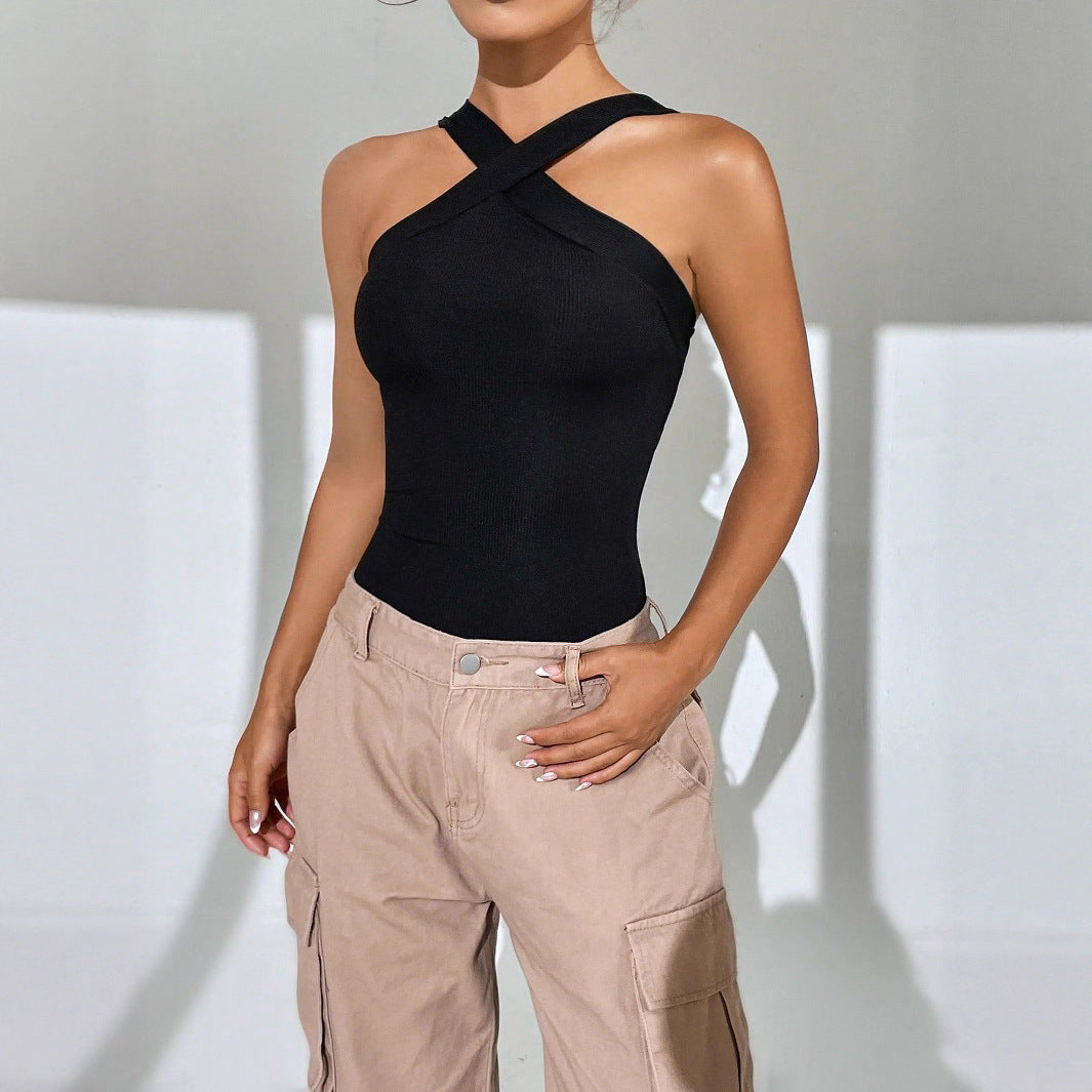 Hot Girl New Women's Plain Knitted Sleeveless Halter Jumpsuit