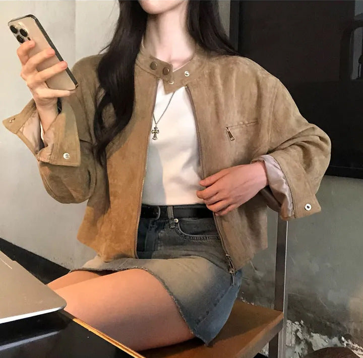 Retro Graceful Stand Collar Zipper Pocket Loose Versatile Short Jacket