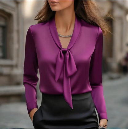 Women's Elegant Satin Blouse, Long Sleeve Button Down Shirt With Ribbon Detail For Office Work