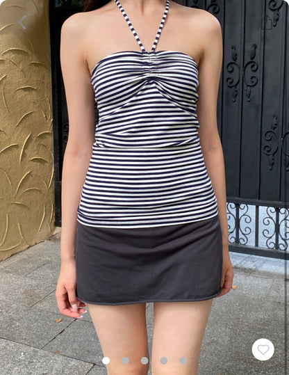 American-style Vintage Stripe Halter Spaghetti Straps Inner Vest
