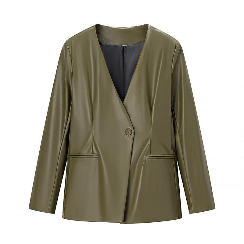 Women's Long-sleeved V-neck Leather Jacket