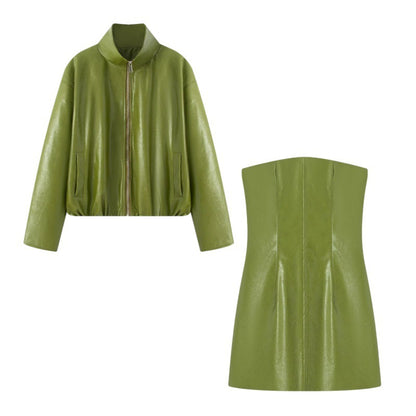 Retro Sexy PU Leather Jacket Strapless Dress Suit
