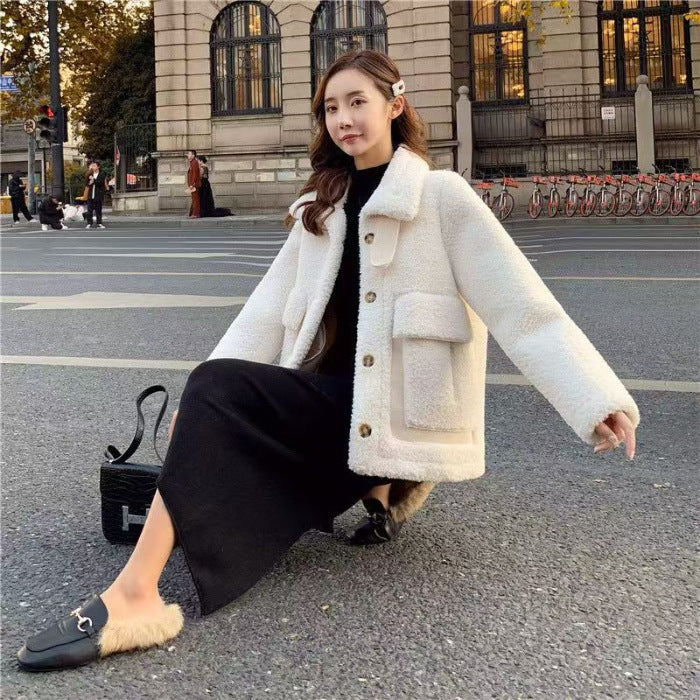 Korean Style Warm Thickened Design Autumn And Winter Faux Lamb Coat For Women