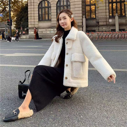 Korean Style Warm Thickened Design Autumn And Winter Faux Lamb Coat For Women