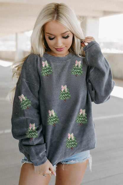 Round Neck Sequins Christmas Tree Rib Sweater For Women