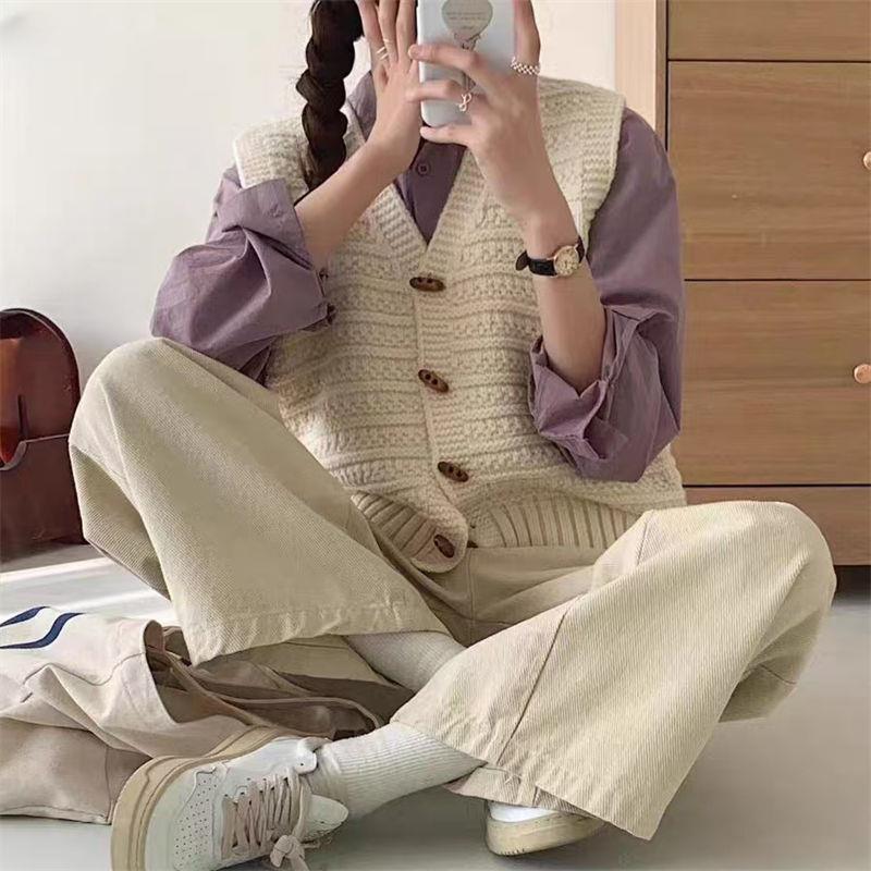 College Style Knitted Cardigan Vest Solid Color Wooden Buckle Bandage Dress