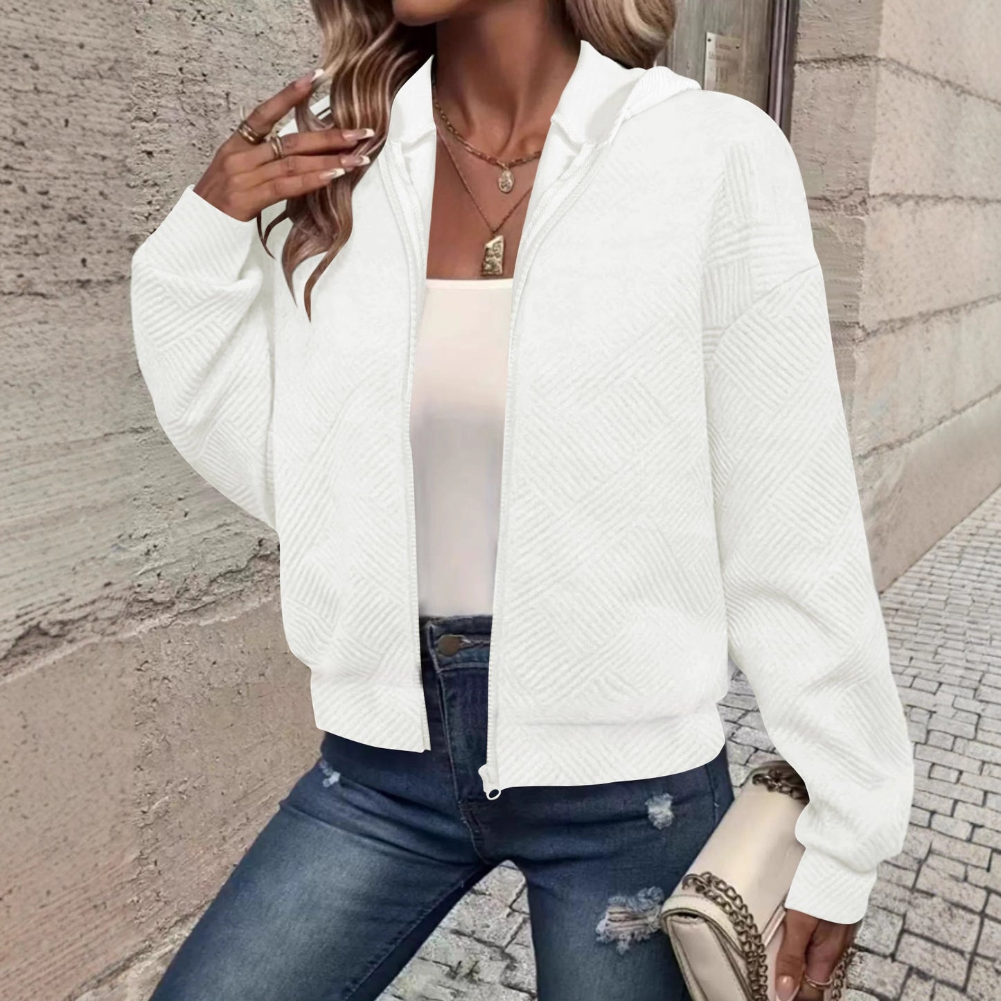 Jacquard Hooded Casual Long Sleeve Cardigan Zipper Coat