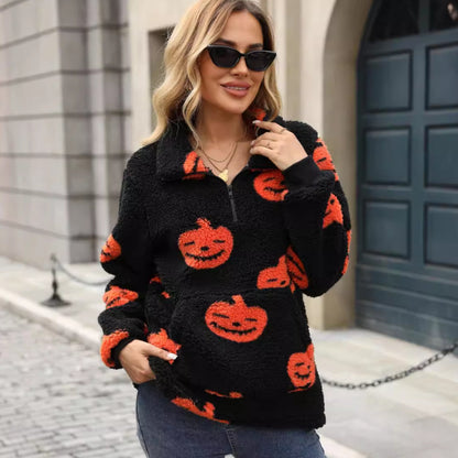 Autumn And Winter New European And American Halloween Pumpkin Print Half Zipper Plush Pullover Sweater