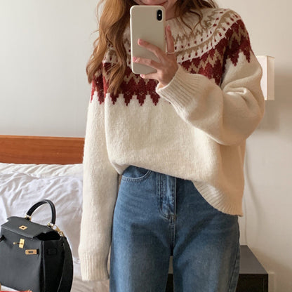 Loose Knitted Round Neck Pullover Red Sweater