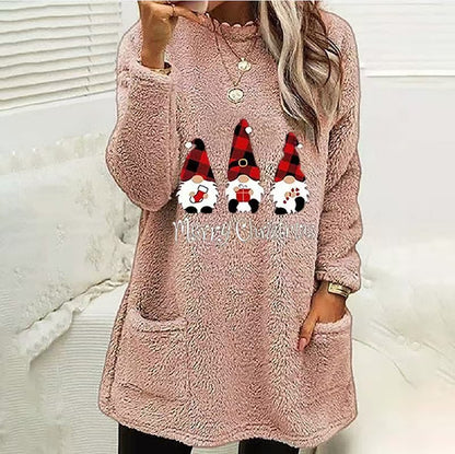 Christmas Letter Printing Round Neck Loose Long Sleeves Pocket Fleece Sweatshirt