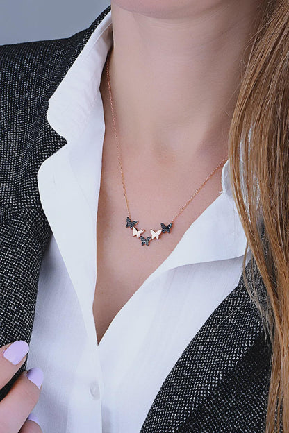 Rose Gold Butterfly Necklace with Black Stone Pendant
