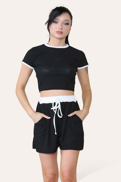 Ribbed Contrast Waistband Top And Short Set