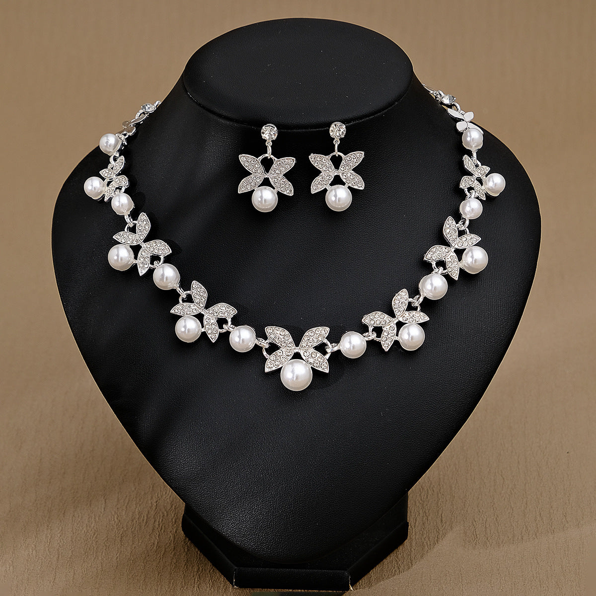 Rhinestone Pearl Earrings & Necklace Set for Women