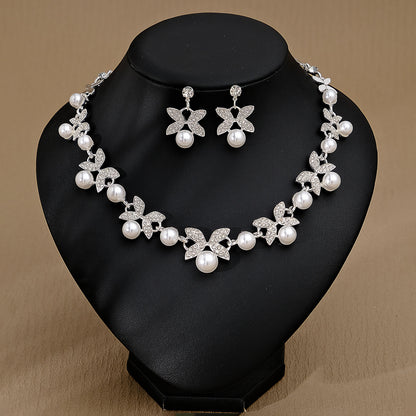 Rhinestone Pearl Earrings & Necklace Set for Women