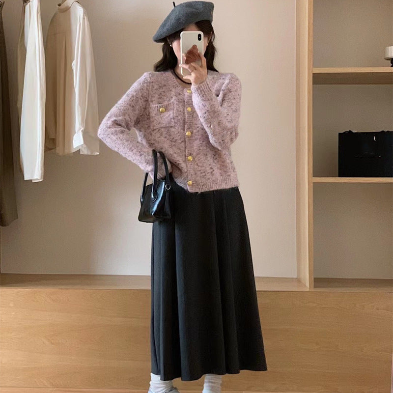 Short Variegated Round Neck Sweater Coat
