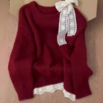 High-grade Lace Red Off-the-shoulder Sweater