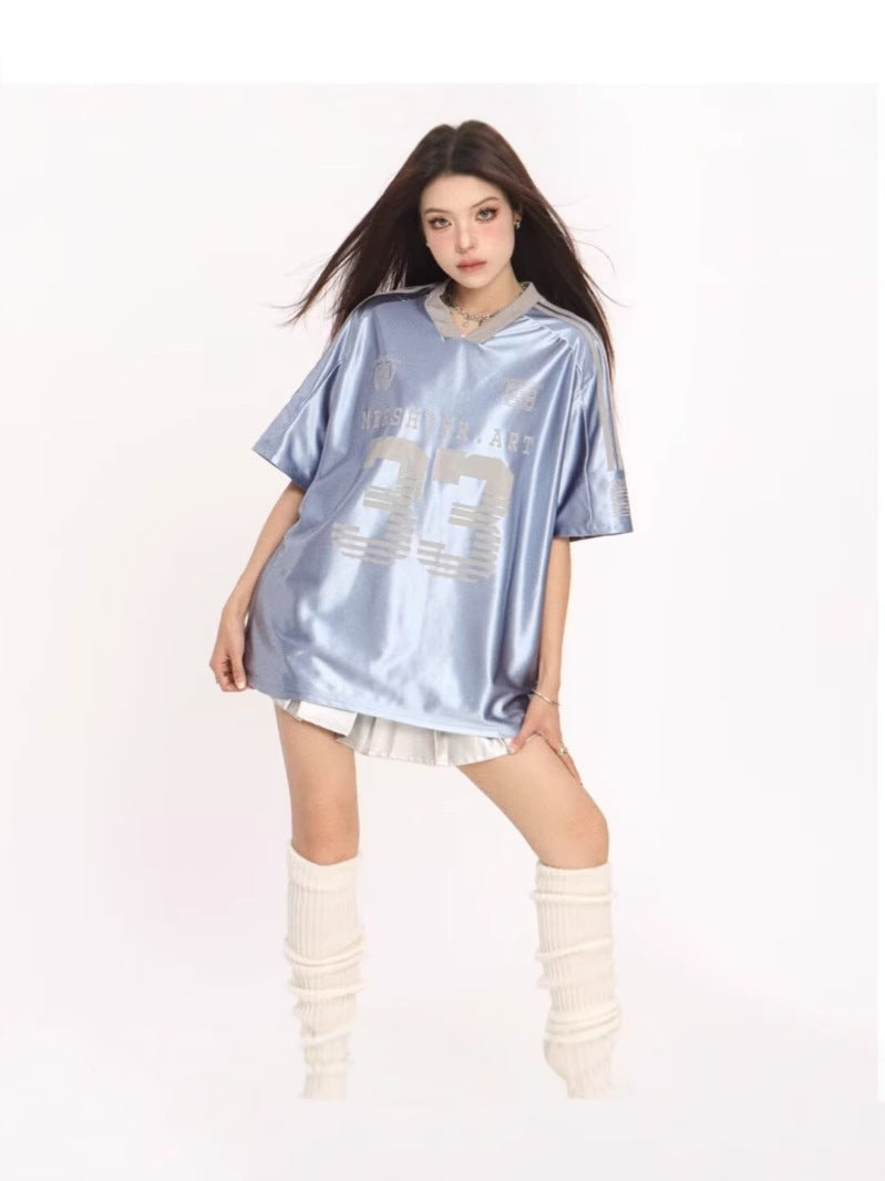 Retro V-neck Splicing Letter Print Short-sleeve